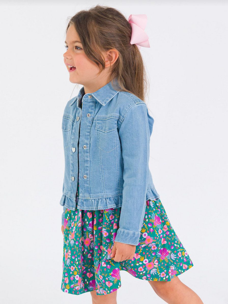 Light Wash Stretch Denim Ruffle Jacket