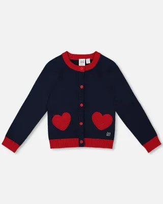 Navy Knitted Emb Heart Cardi