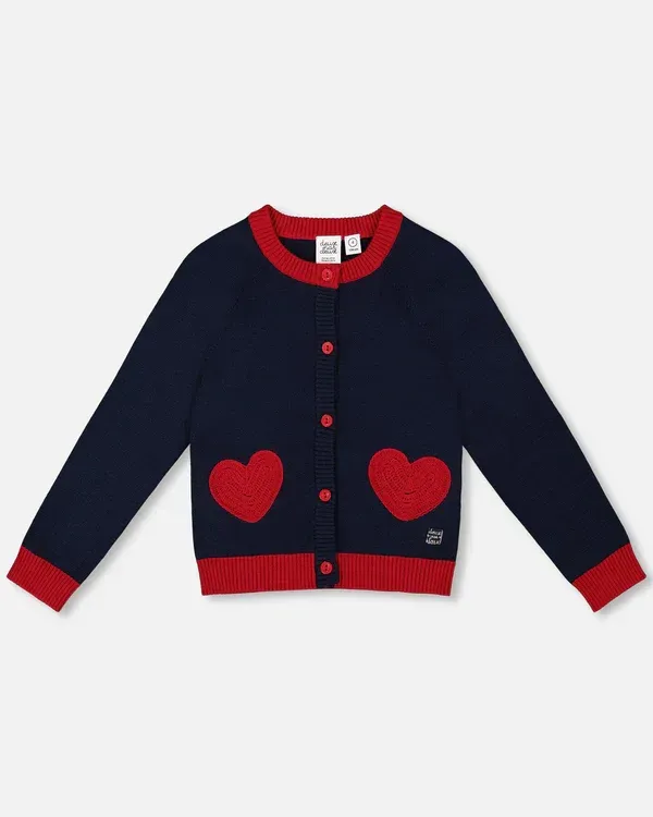 Navy Knitted Emb Heart Cardi
