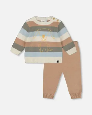 Knitted Pup Stripe Sweater+Pant Set