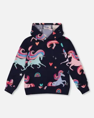 Navy Unicorn Print Hoodie
