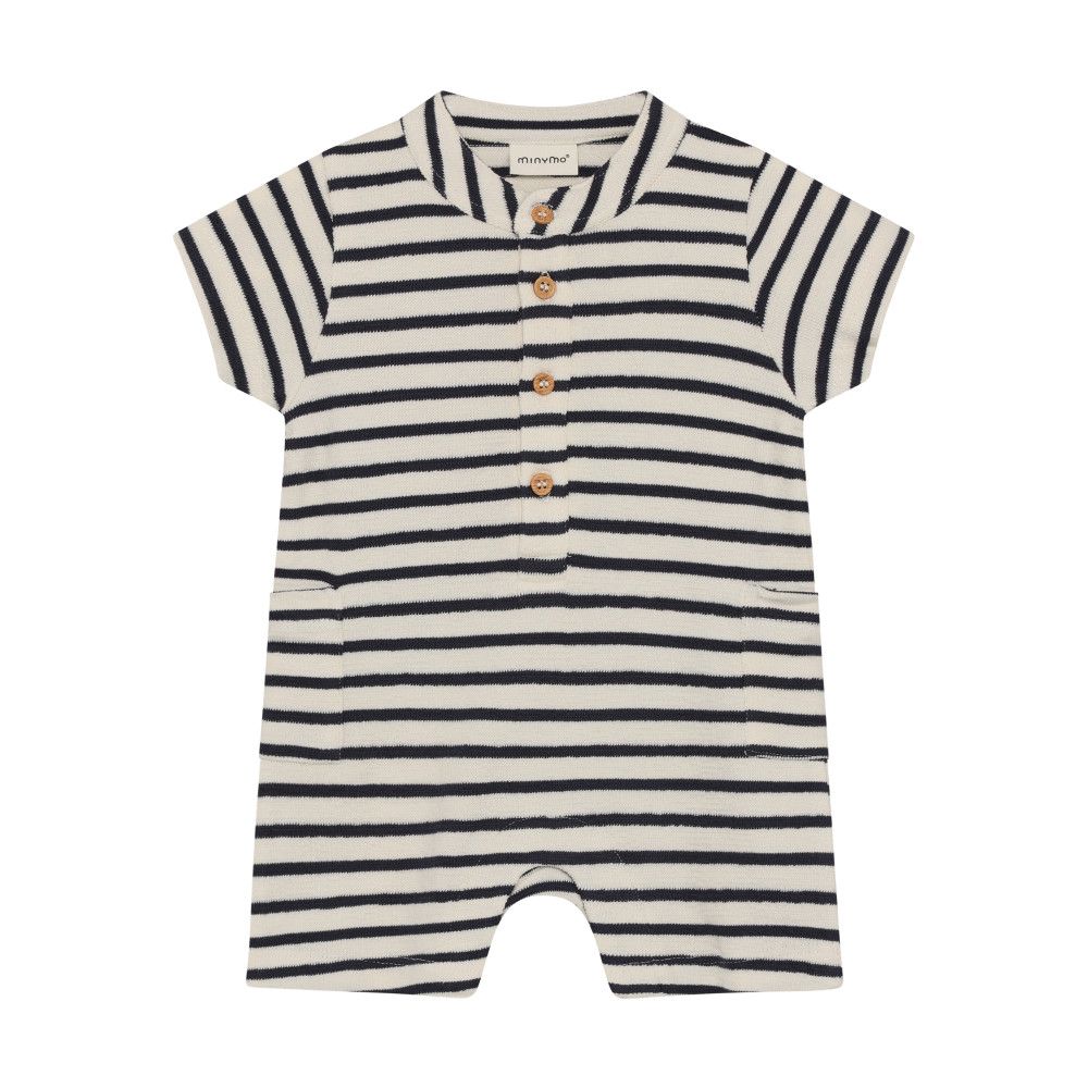 Navy+White Short-sleeve Banded Collar Romper