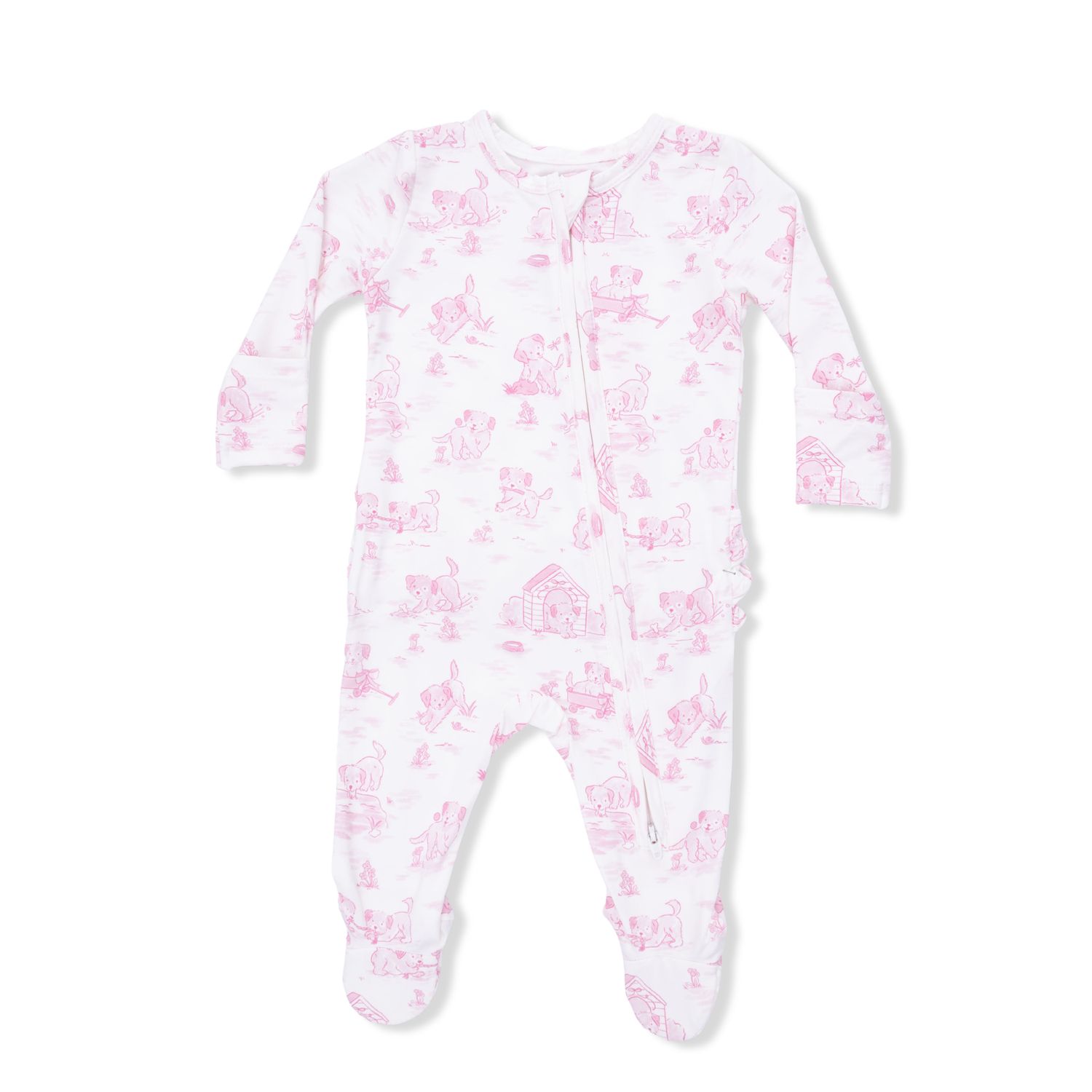 Puppy Toile Pink - 2 Way Ruffle Back Zipper Footie