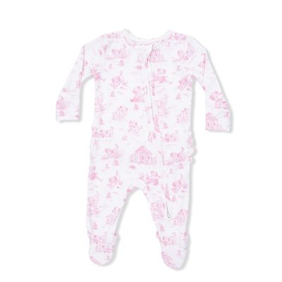 Puppy Toile Pink - 2 Way Ruffle Back Zipper Footie