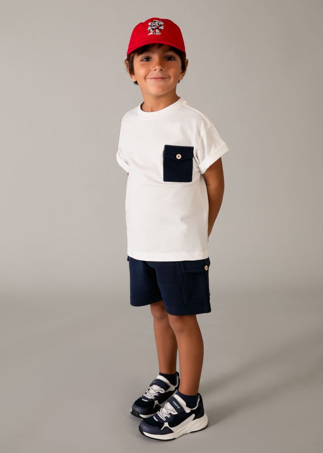 White Tee with Navy Button Pocket+Short Set