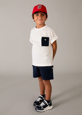 White Tee with Navy Button Pocket+Short Set