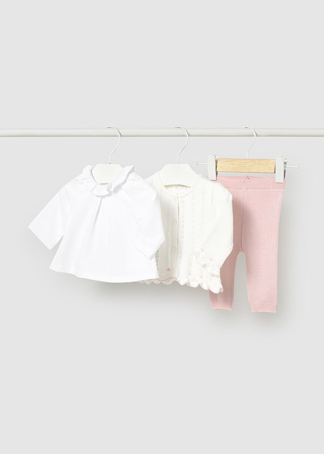 Wht+Pink Pointelle Knit 3-Piece Set