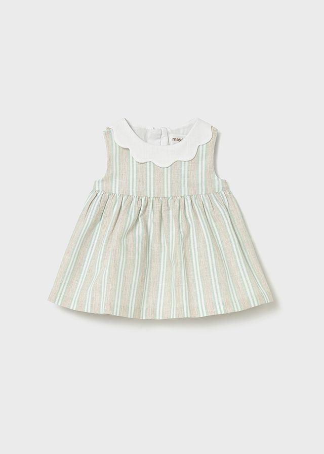 Biege+Green Stripe Linen Dress
