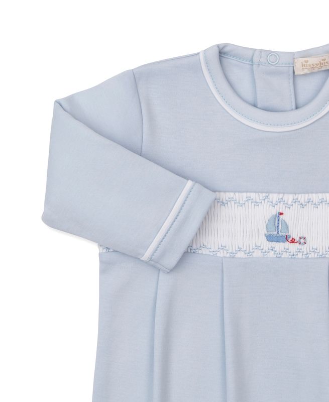 Summer Medley Lt Blue Hand Smocked Boat Footie