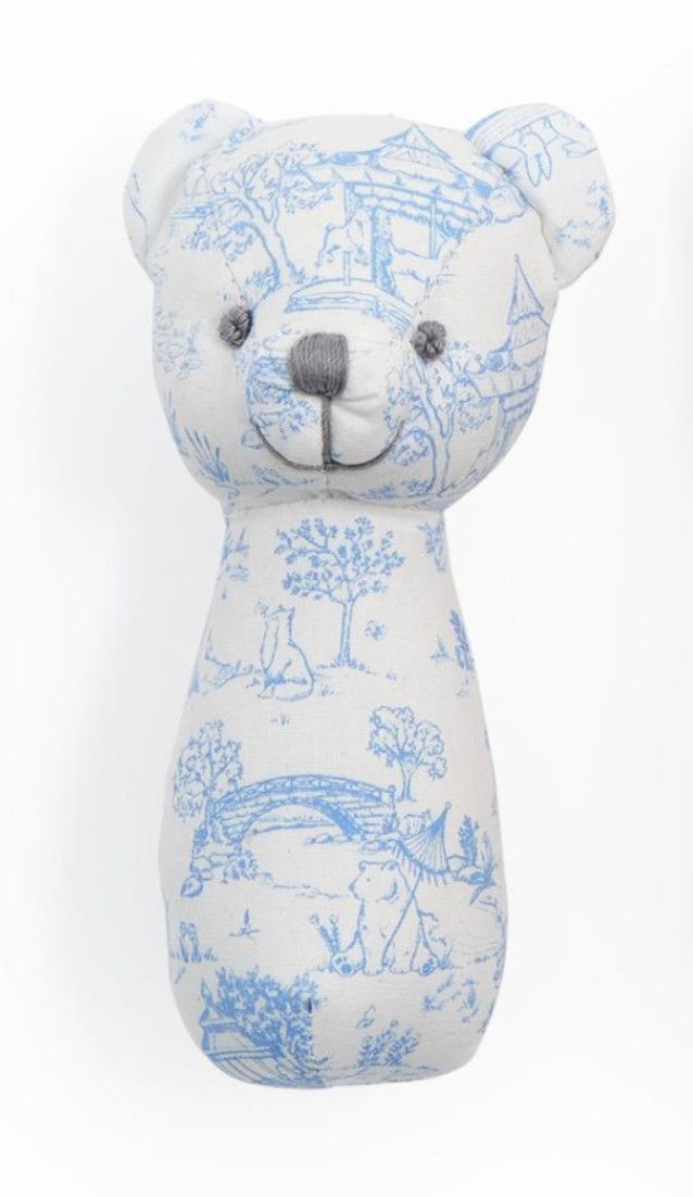 Blue Toile Pattern Teddy Bear Rattle