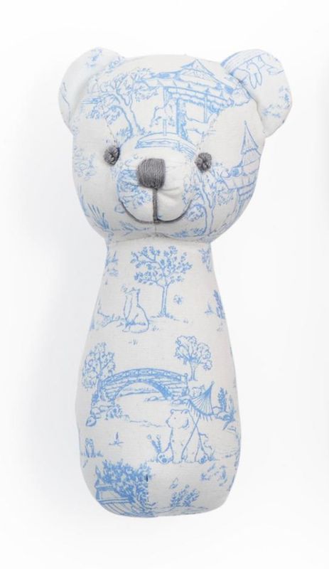 Blue Toile Pattern Teddy Bear Rattle