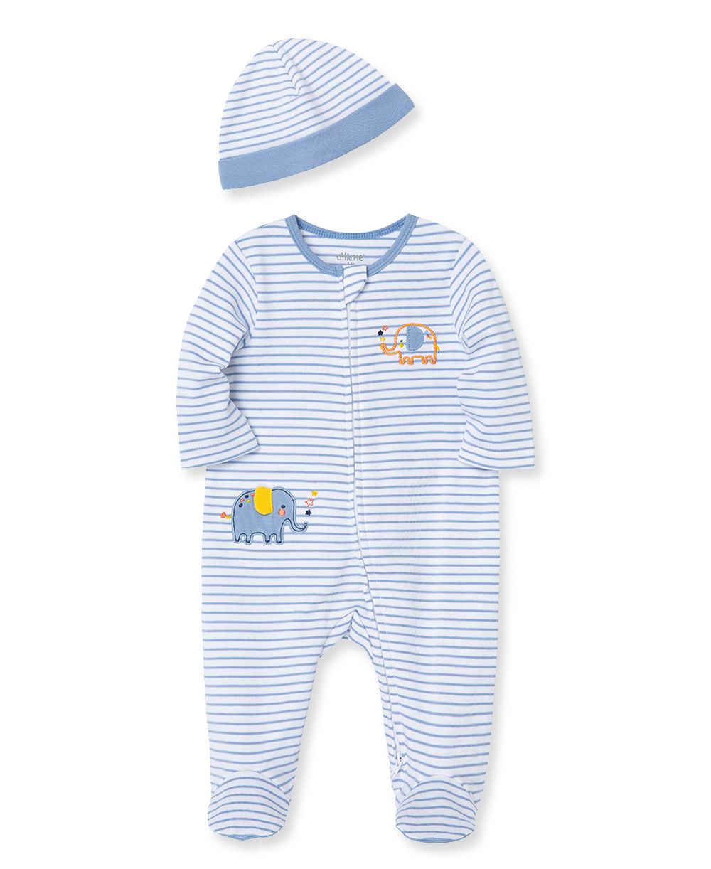 Striped Blue Elephant Footie+Hat