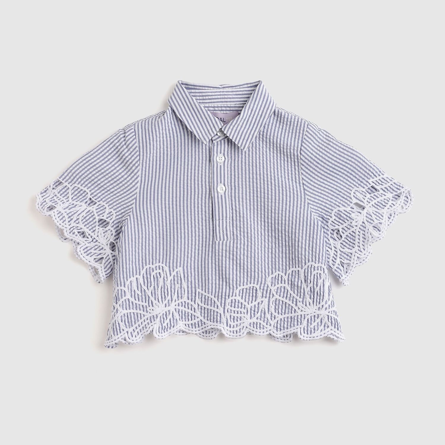 Blue Seersucker Embroidered Crop Top