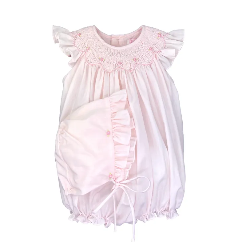 Pink Embroidered Rosette Smocked Bubble+Bonnet