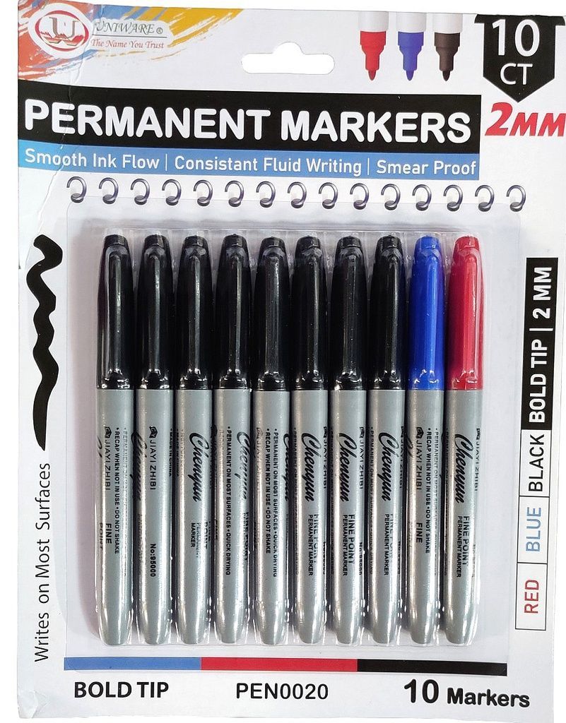 Permanent Markers, 2mm Fine Point BK/ RD/BL