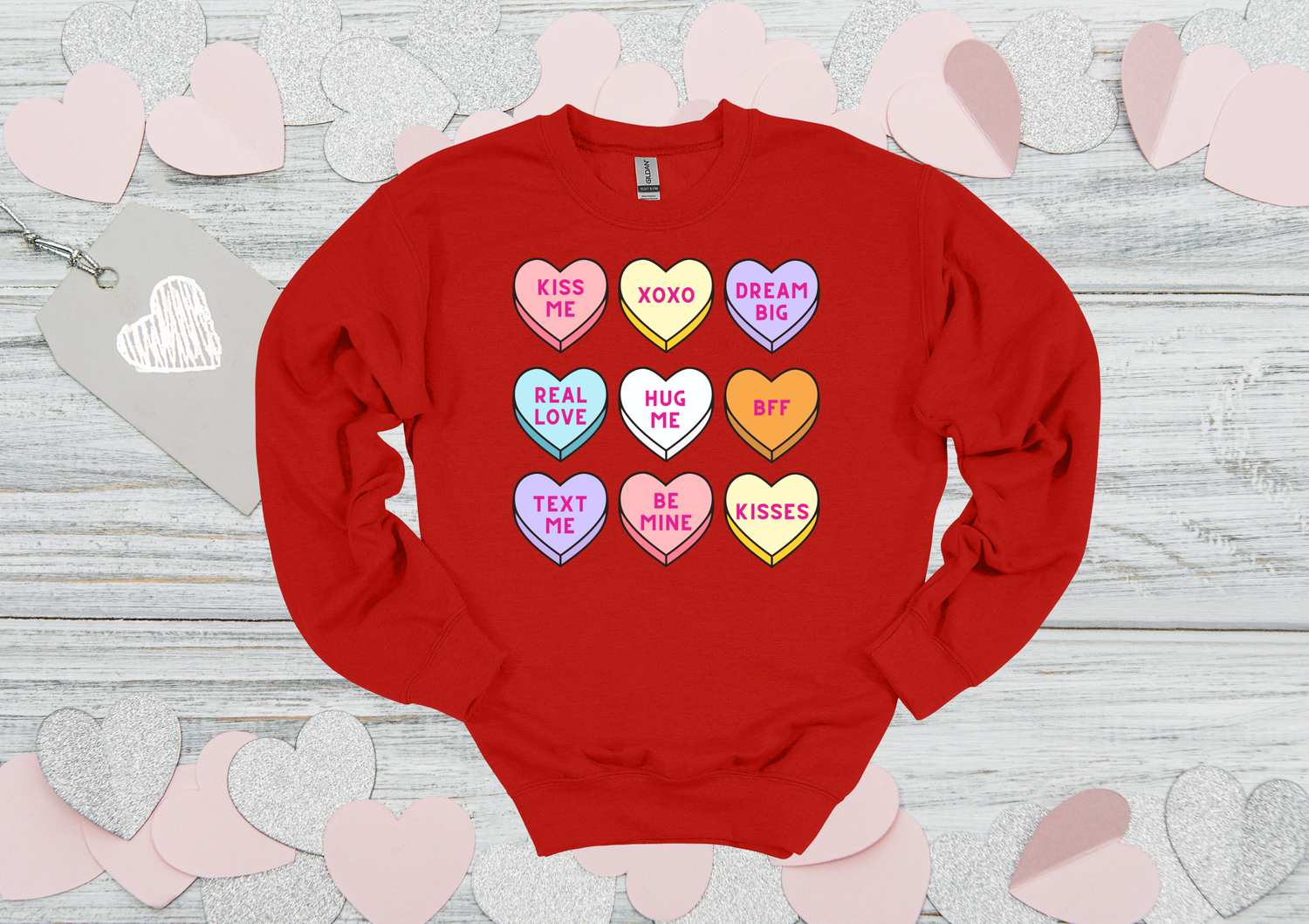 Gildan Sweatshirt &quot;Conversation Hearts&quot; Youth-Adult Sizes 2 Colors Available