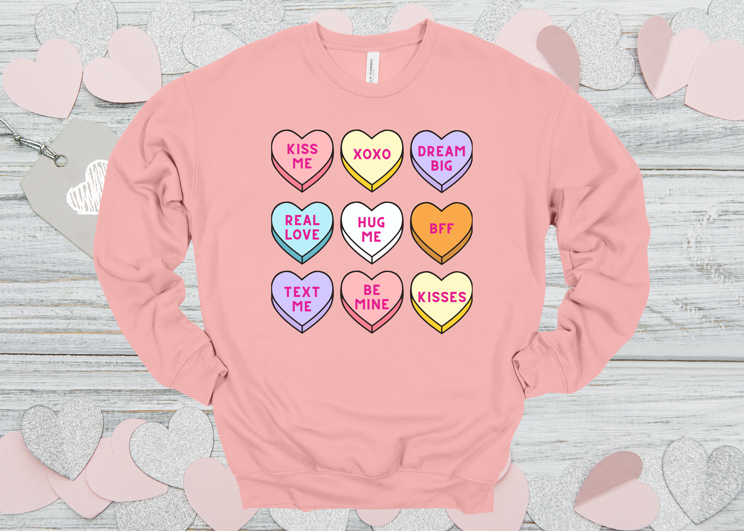 Bella Canvas Sweatshirt &quot;Conversation Hearts&quot; Adult Sizes 2 Colors Available