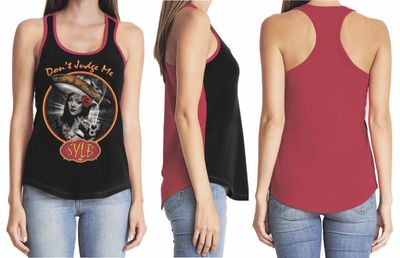 DON&#39;T JUDGE ME SYLB LADIES RED AND BLACK RACER-BACK