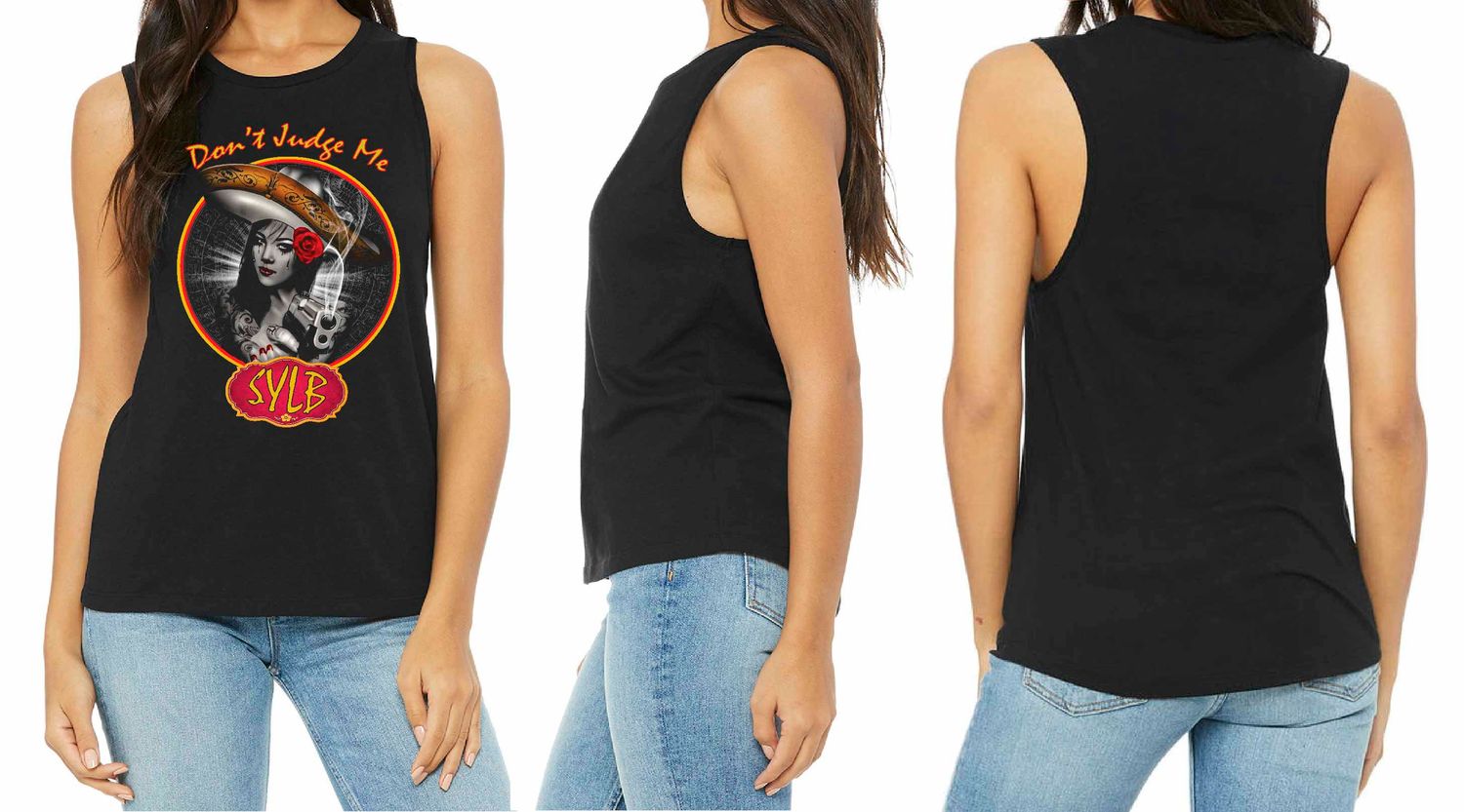 DON&#39;T JUDGE ME SYLB LADIES Jersey Muscle Tank - Black