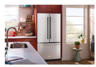 KitchenAid® counter-depth French door refrigerator features an interior water dispenser to keep the outside looking sleek.​Model #: KRFC136RPS