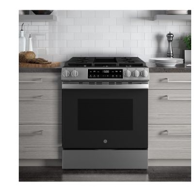 GE® 30" Slide-In Front Control Gas Range with Crisp Mode ​Model #: GGS500SVSS