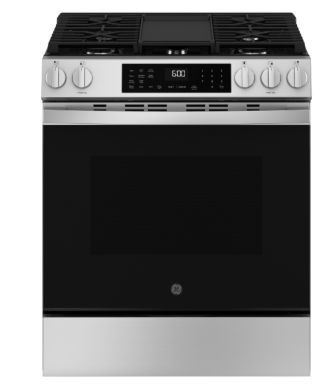 GE® 30" Slide-In Front-Control Convection Gas Range with No Preheat Air Fry and EasyWash™ Oven Tray ​Model #: GGS600AVFS