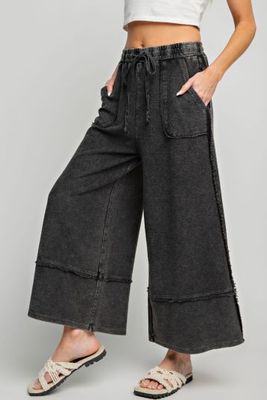 Easel Wide Leg Terry Knit Palazzo Pants-Black