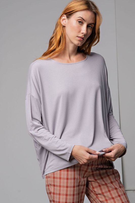 Easel Solid Loose Fit LS Tee-Grey