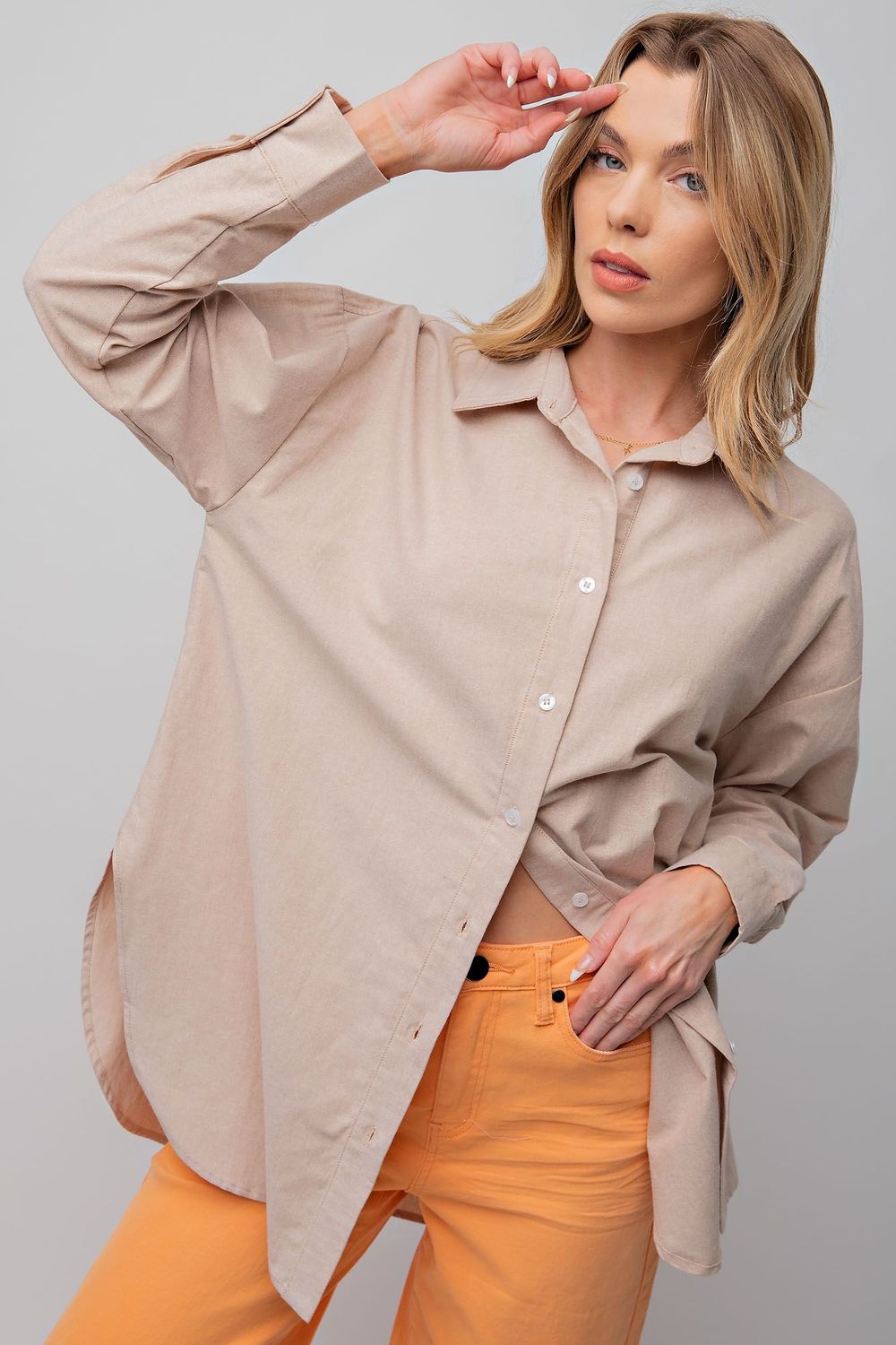 Easel Button Down Cotton Shirt-Khaki, Size: S