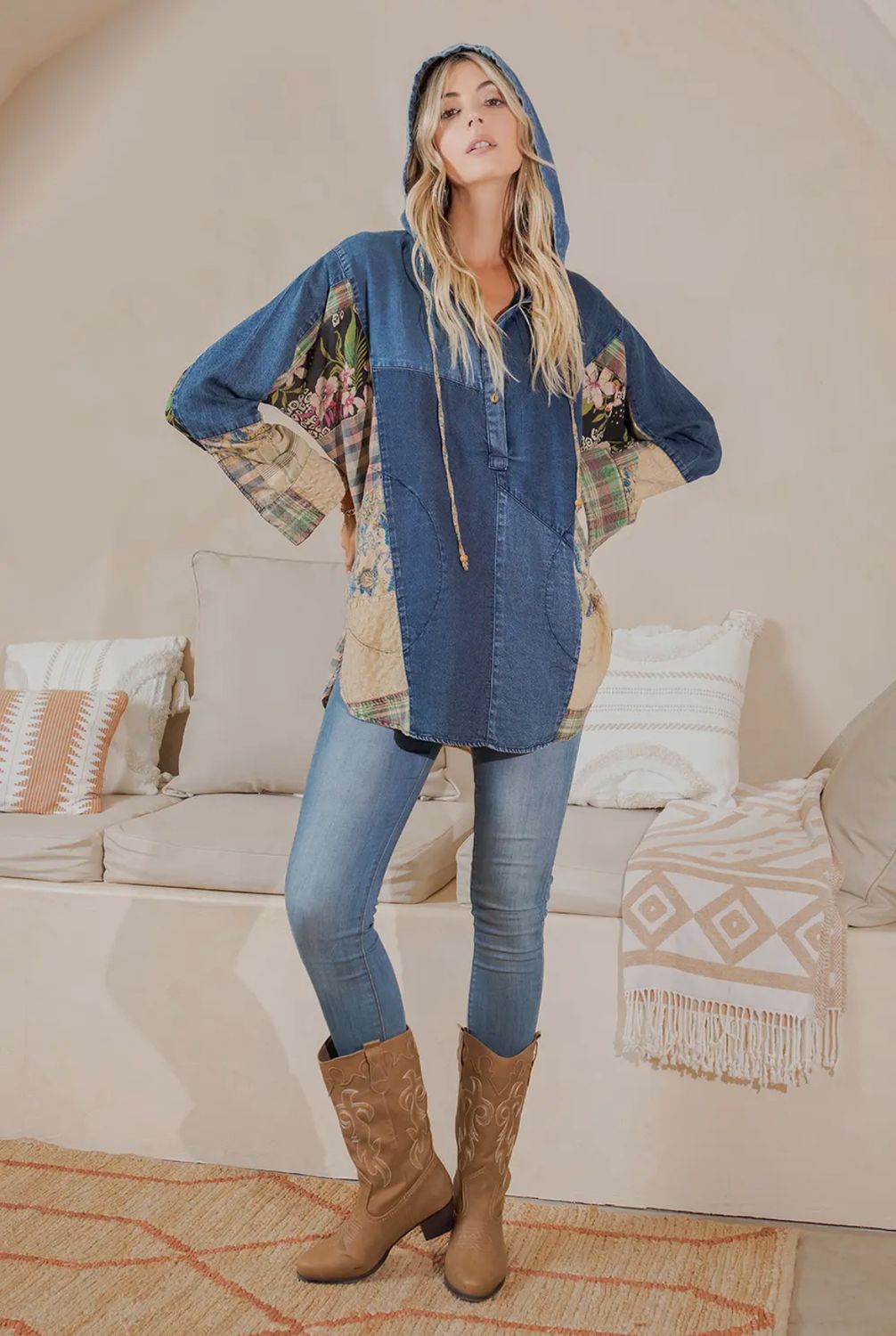 Young Threads Boho Hooded Patchwork Top