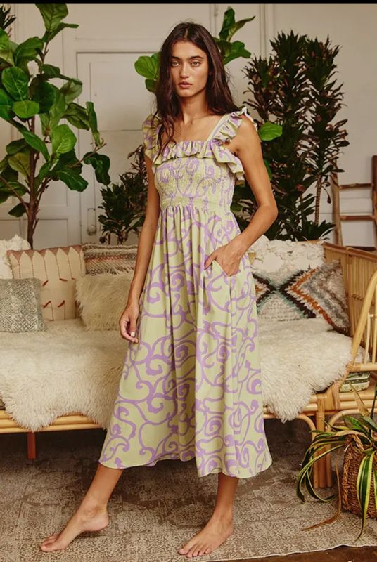 Bucket List ruffled smocked midi dress 