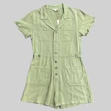 Easel green linen romper, Size: S
