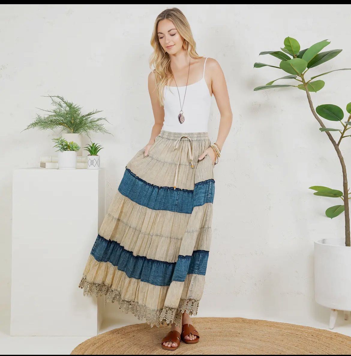 Young Threads denim and lace skirt , Color: Latte, Size: S