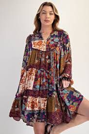 Easel Long Sleeve Printed Dress