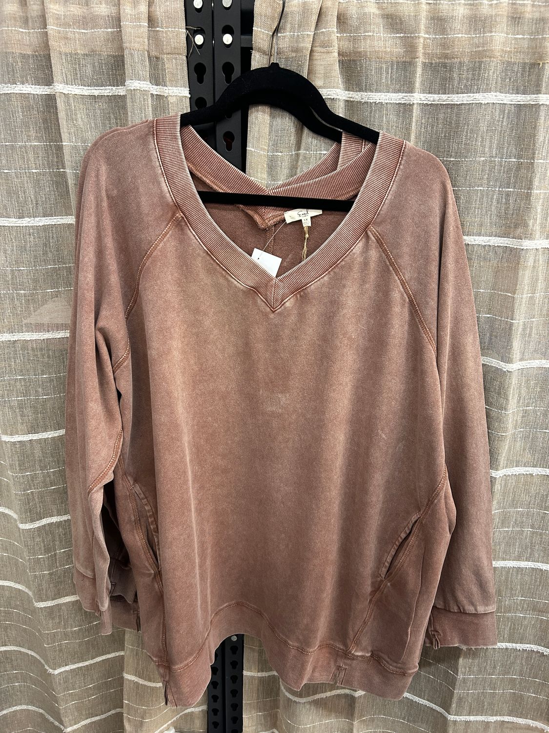 Easel Double V Neck Top, Color: Cherry Wood, Size: 1X