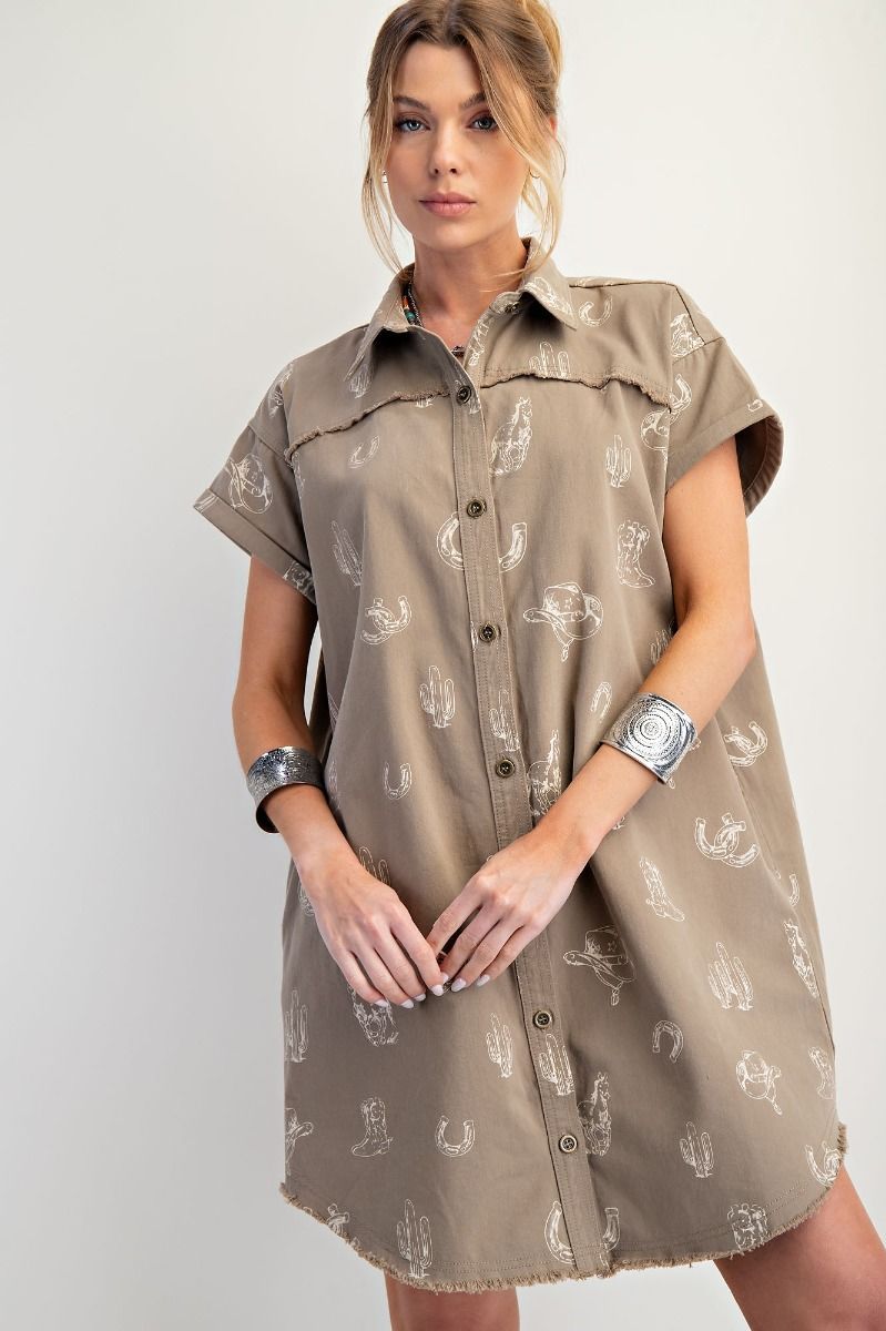 Easel Western Print Dress, Color: Khaki, Size: S