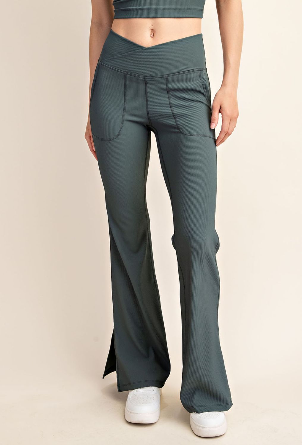 Rae Mode V-Waist Flared Leggings, Color: Midnight Green, Size: S