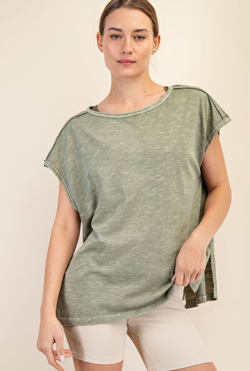 Rae Mode CVC Oversized Short Sleeve Top, Color: Spring Olive, Size: S