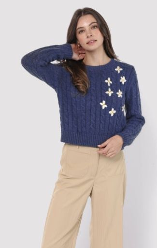 Sadie and Sage LULU EMBROIDERED DAISY SWEATER, Color: NAVY, Size: L