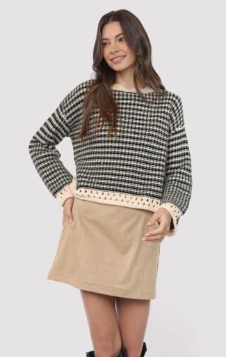 Sadie and Sage SAMANTHA CONTRAST KNIT STRIPED SWEATER, Color: BLACK MULTI, Size: L