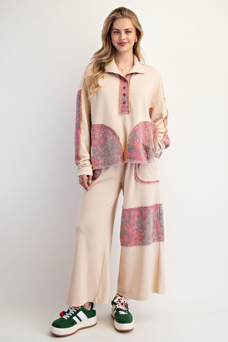 Easel Mixed Print Mineral Washed Terry Pants, Size: S