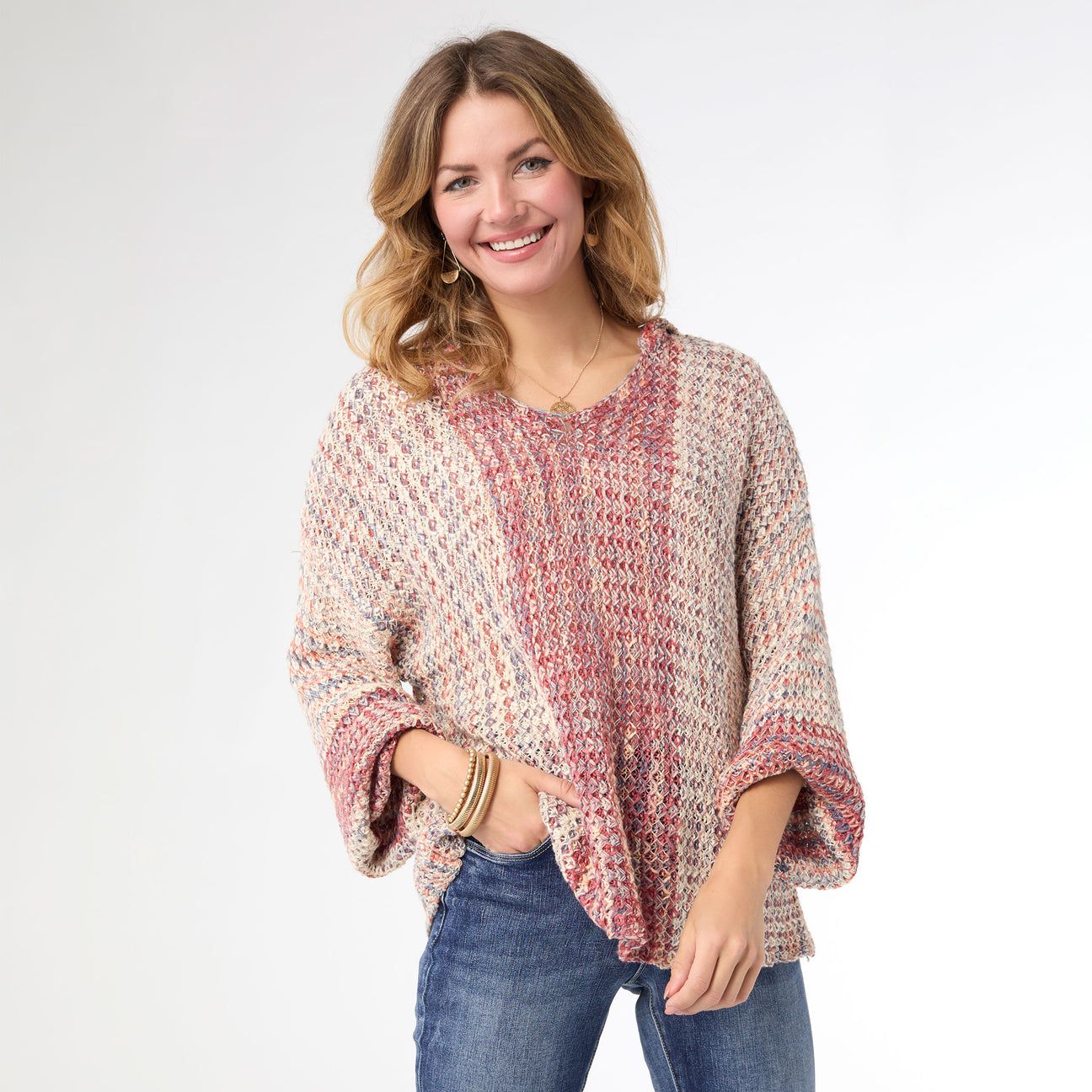 CoCo + Carmen Neville V Neck Sweater with Hood, Color: Burgundy/Natural, Size: S/M