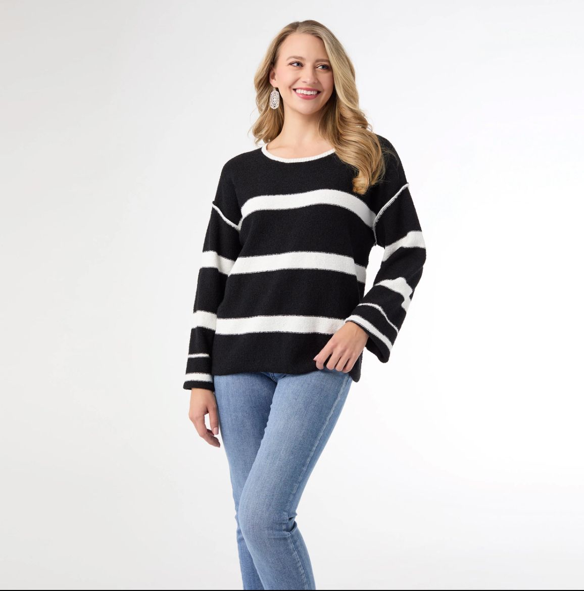 Coco + Carmen Carolyn Crew Neck Striped Sweater , Color: Black/White, Size: XS