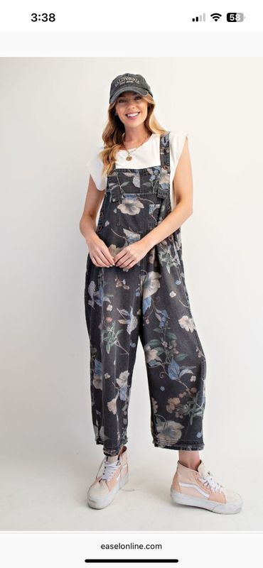 Easel Flower Printed Washed Overalls