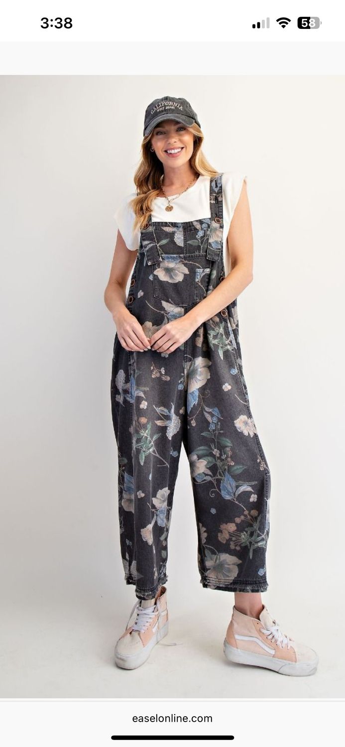 Easel Flower Printed Washed Overalls, Size: S