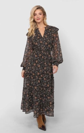 Sadie and Sage TIMELESS TIERED MAXI DRESS, Color: BLACK MULTI, Size: L