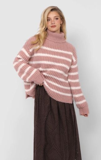 Sadie and Sage AKI TURTLE NECK STRIPED SWEATER, Color: BLUSH IVORY, Size: L