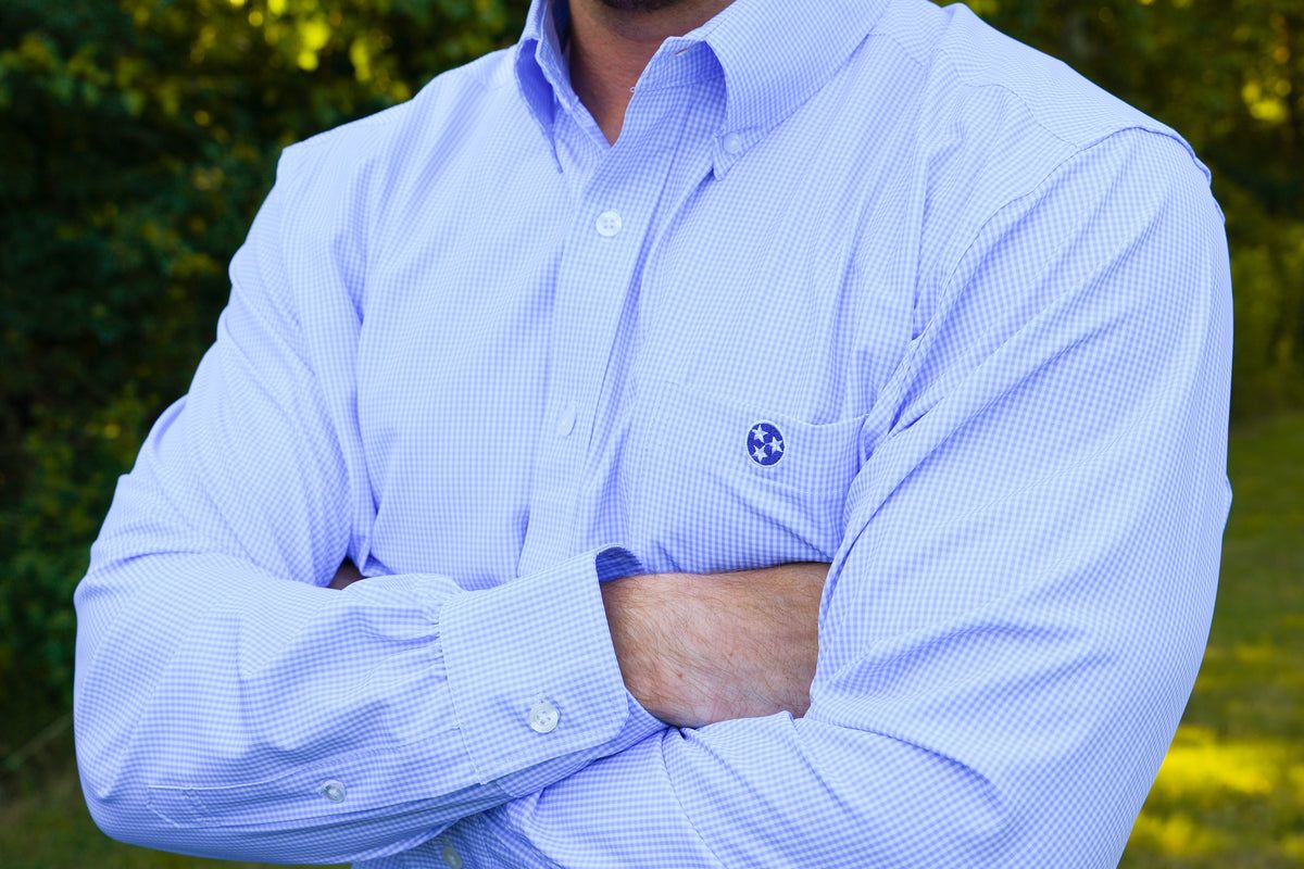 Volunteer Traditions Tristar Gingham Performance Button Down, Color: Blue, Size: S