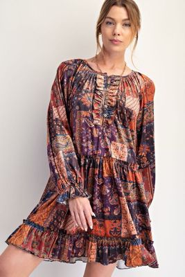 Easel Long Sleeve Patch Printed Velvet Dress