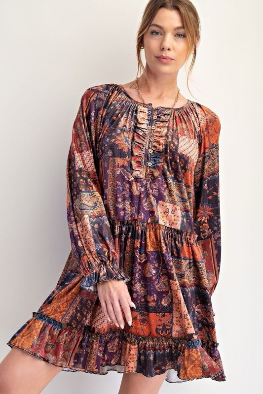 Easel Long Sleeve Patch Printed Velvet Dress
